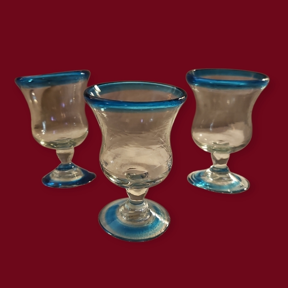 Set of Three Collectible Mexican Handblown Turquoise Blue Rimmed Glass Goblets